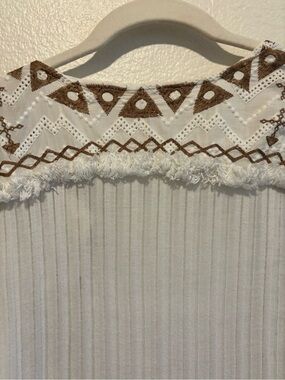 Boho Embroidered Fringe Women’s Top - White with Brown Accents